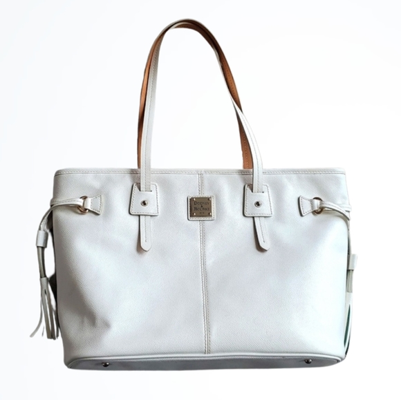 Dooney & Bourke Handbags - Dooney & Bourke White Pebbled Leather Large Davis Tassel Shopper Tote Bag Purse